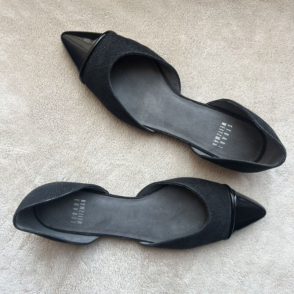 Stuart Weitzman Black Patent Leather Pointed Cap Toe D'Orsay Flat Shoes Women 6‎